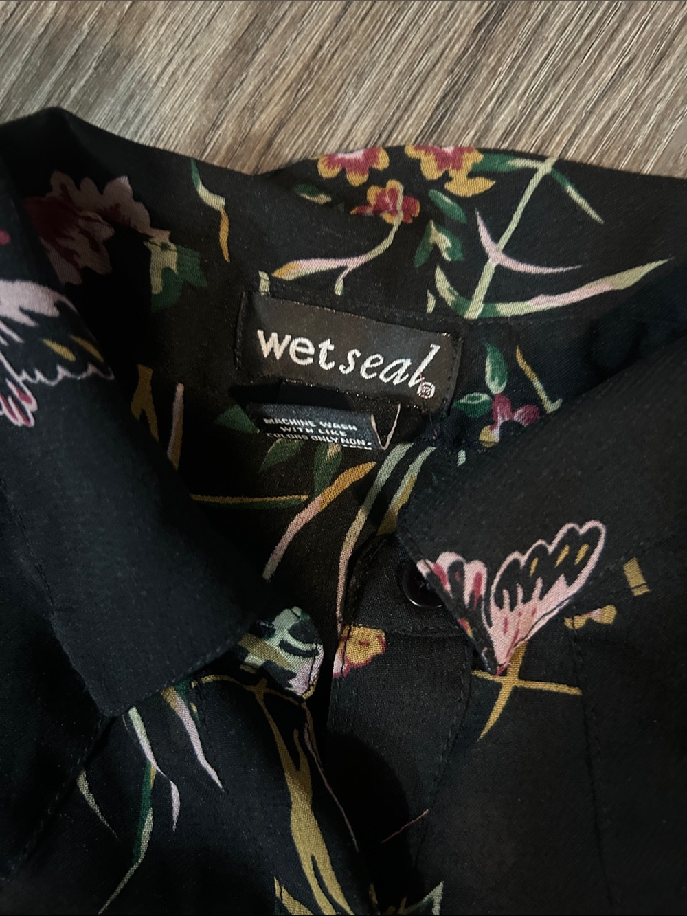 Wet Seal Black Floral Button-Down Shirt with Pink Flowers and Butterflies - Picture 3 of 4